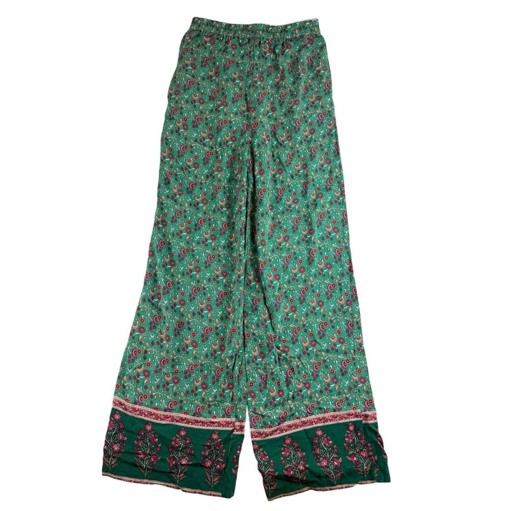 Boho Green Floral Paisley Wide Leg Palazzo Pants 100% Rayon Boho - Picture 5 of 7